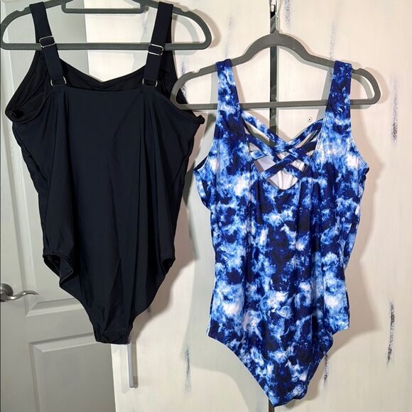 2 Women's Swim One Pieces - Black and Blue Tie-Dye - Picture 2 of 10